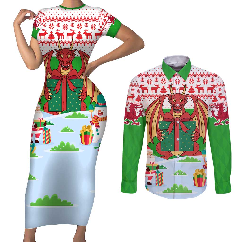 Wales Christmas Couples Matching Short Sleeve Bodycon Dress and Long Sleeve Button Shirt with Red Dragon Gift and Holiday Crest Snow Scene - Wonder Print Shop