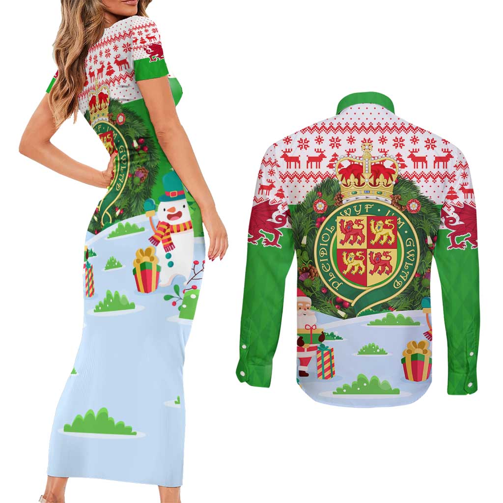 Wales Christmas Couples Matching Short Sleeve Bodycon Dress and Long Sleeve Button Shirt with Red Dragon Gift and Holiday Crest Snow Scene - Wonder Print Shop