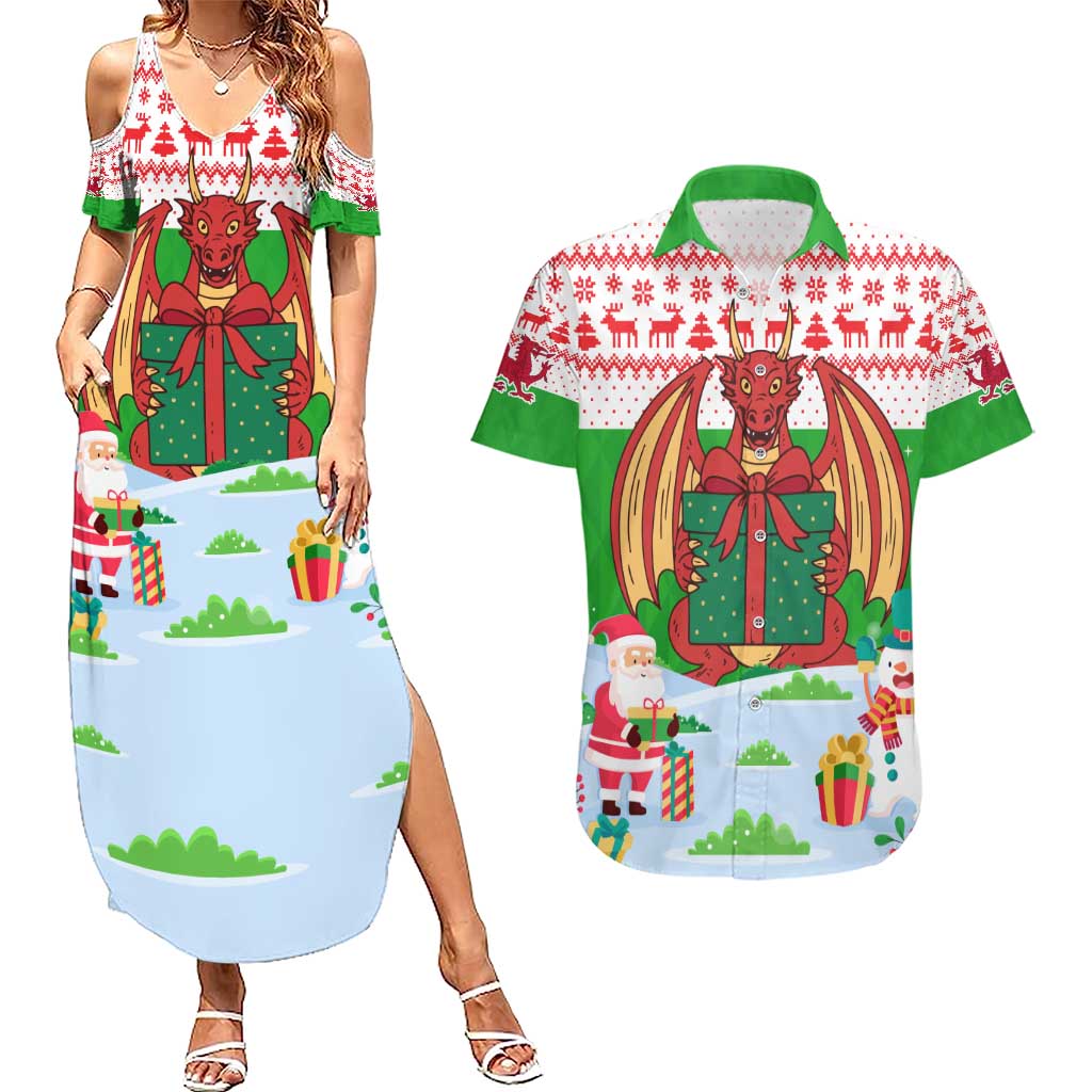 Wales Christmas Couples Matching Summer Maxi Dress and Hawaiian Shirt with Red Dragon Gift and Holiday Crest Snow Scene - Wonder Print Shop