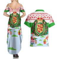 Wales Christmas Couples Matching Summer Maxi Dress and Hawaiian Shirt with Red Dragon Gift and Holiday Crest Snow Scene - Wonder Print Shop