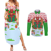 Wales Christmas Couples Matching Summer Maxi Dress and Long Sleeve Button Shirt with Red Dragon Gift and Holiday Crest Snow Scene - Wonder Print Shop