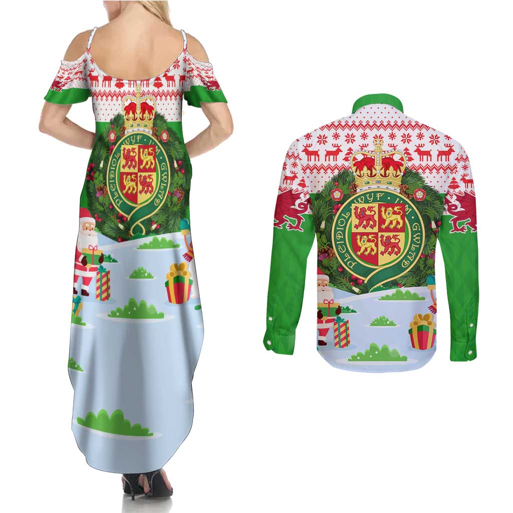 Wales Christmas Couples Matching Summer Maxi Dress and Long Sleeve Button Shirt with Red Dragon Gift and Holiday Crest Snow Scene - Wonder Print Shop