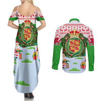 Wales Christmas Couples Matching Summer Maxi Dress and Long Sleeve Button Shirt with Red Dragon Gift and Holiday Crest Snow Scene - Wonder Print Shop
