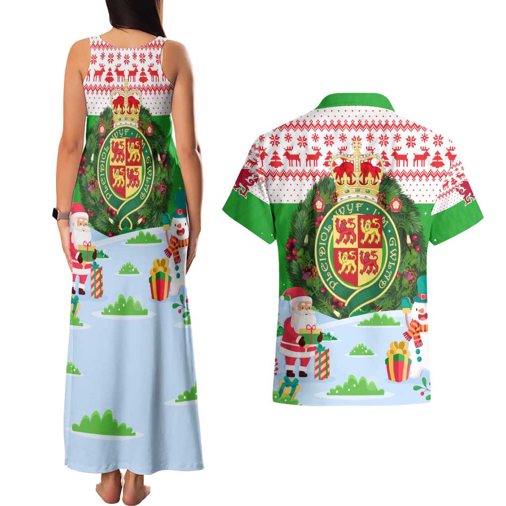 Wales Christmas Couples Matching Tank Maxi Dress and Hawaiian Shirt with Red Dragon Gift and Holiday Crest Snow Scene - Wonder Print Shop