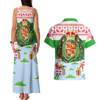 Wales Christmas Couples Matching Tank Maxi Dress and Hawaiian Shirt with Red Dragon Gift and Holiday Crest Snow Scene - Wonder Print Shop