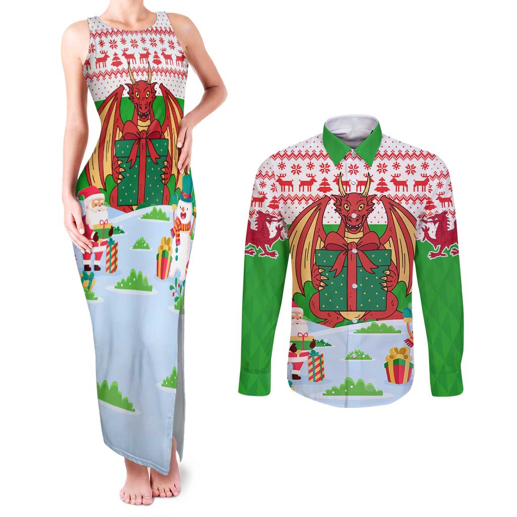 Wales Christmas Couples Matching Tank Maxi Dress and Long Sleeve Button Shirt with Red Dragon Gift and Holiday Crest Snow Scene - Wonder Print Shop