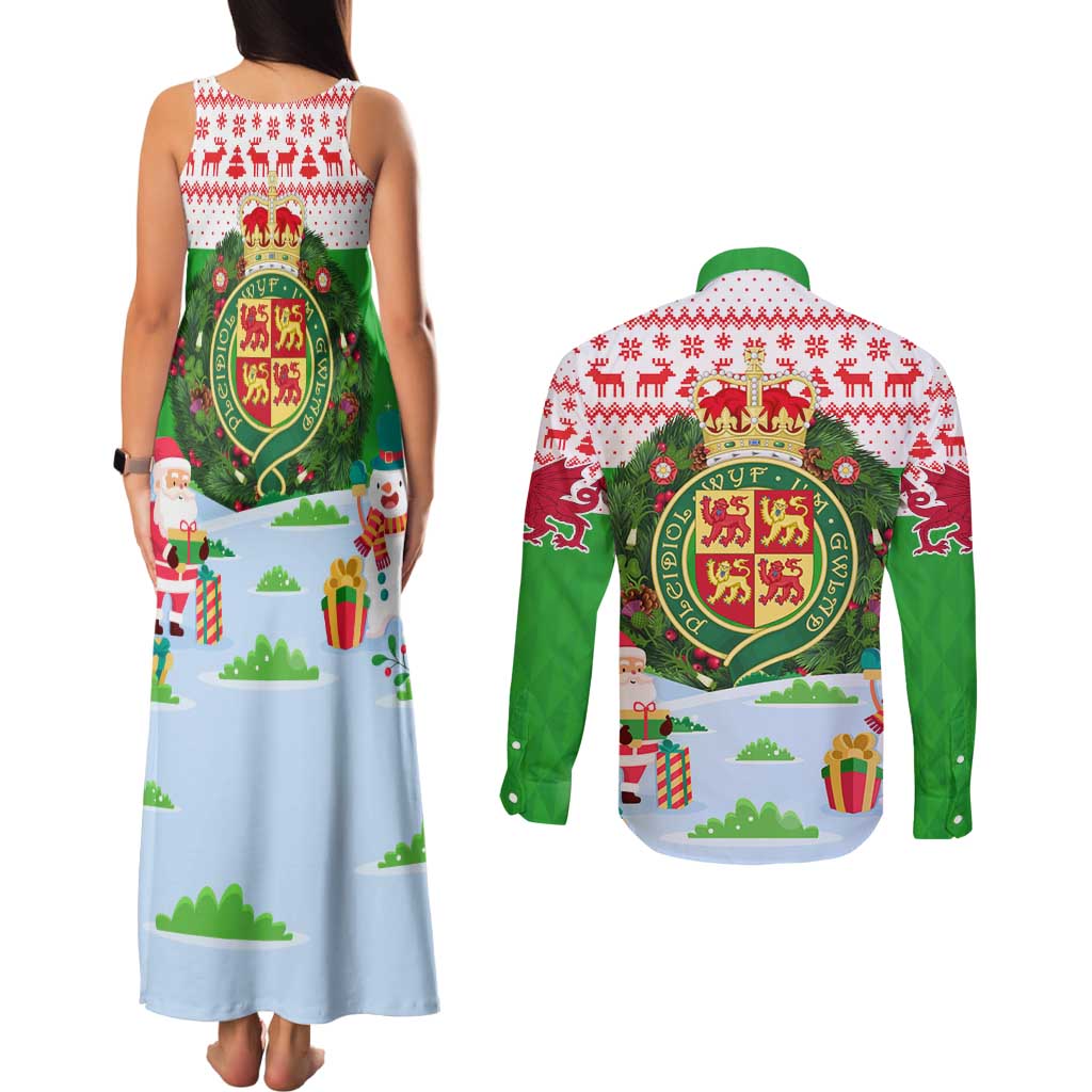 Wales Christmas Couples Matching Tank Maxi Dress and Long Sleeve Button Shirt with Red Dragon Gift and Holiday Crest Snow Scene - Wonder Print Shop