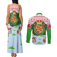 Wales Christmas Couples Matching Tank Maxi Dress and Long Sleeve Button Shirt with Red Dragon Gift and Holiday Crest Snow Scene - Wonder Print Shop