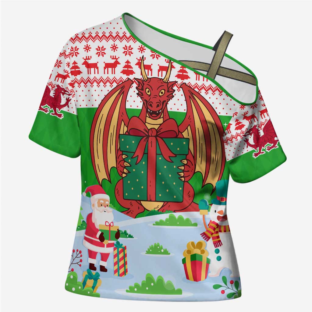 Wales Christmas Cross Shoulder Shirt with Red Dragon Gift and Holiday Crest Snow Scene - Wonder Print Shop