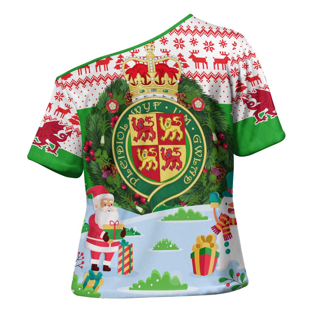 Wales Christmas Cross Shoulder Shirt with Red Dragon Gift and Holiday Crest Snow Scene - Wonder Print Shop
