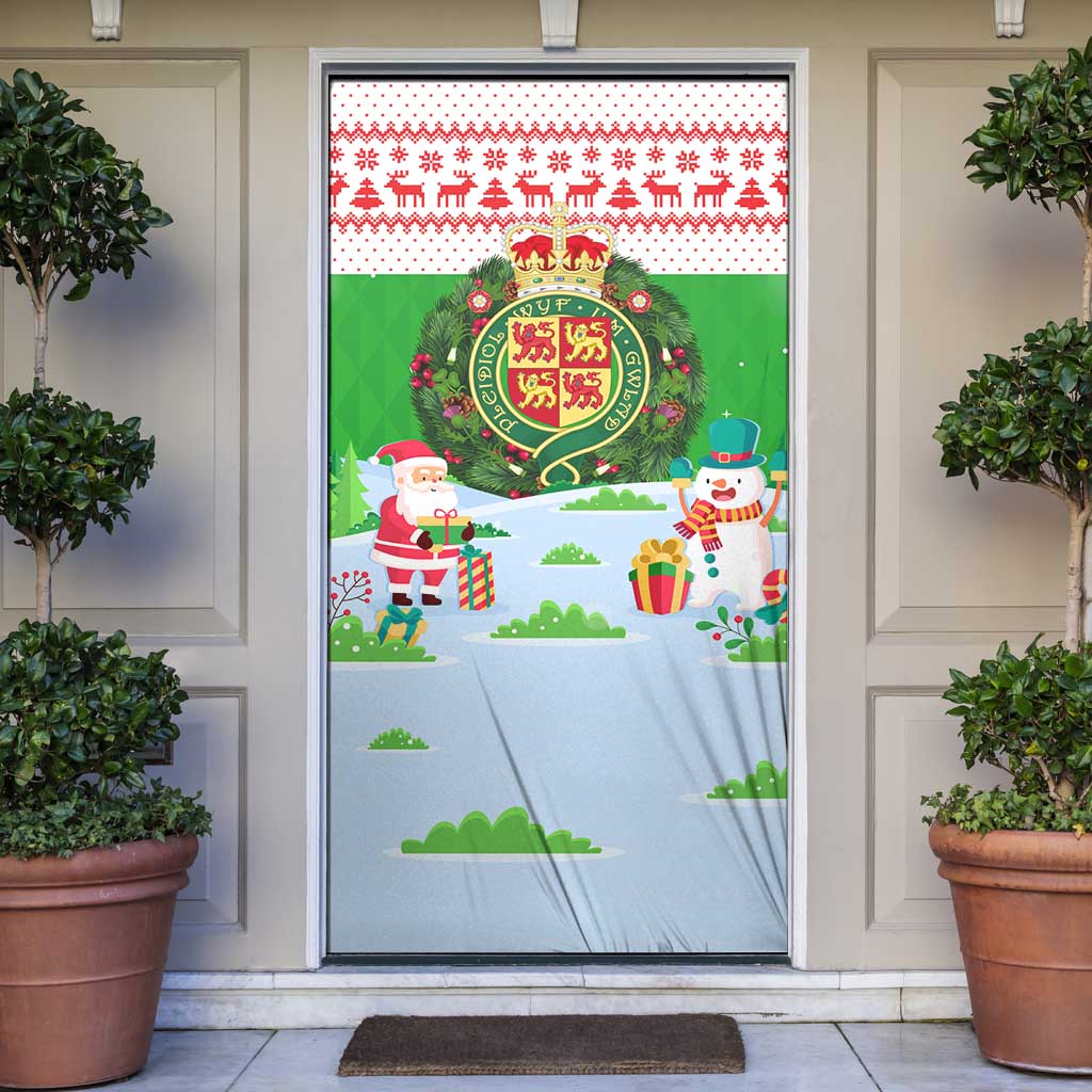 Wales Christmas Door Cover with Red Dragon Gift and Holiday Crest Snow Scene - Wonder Print Shop