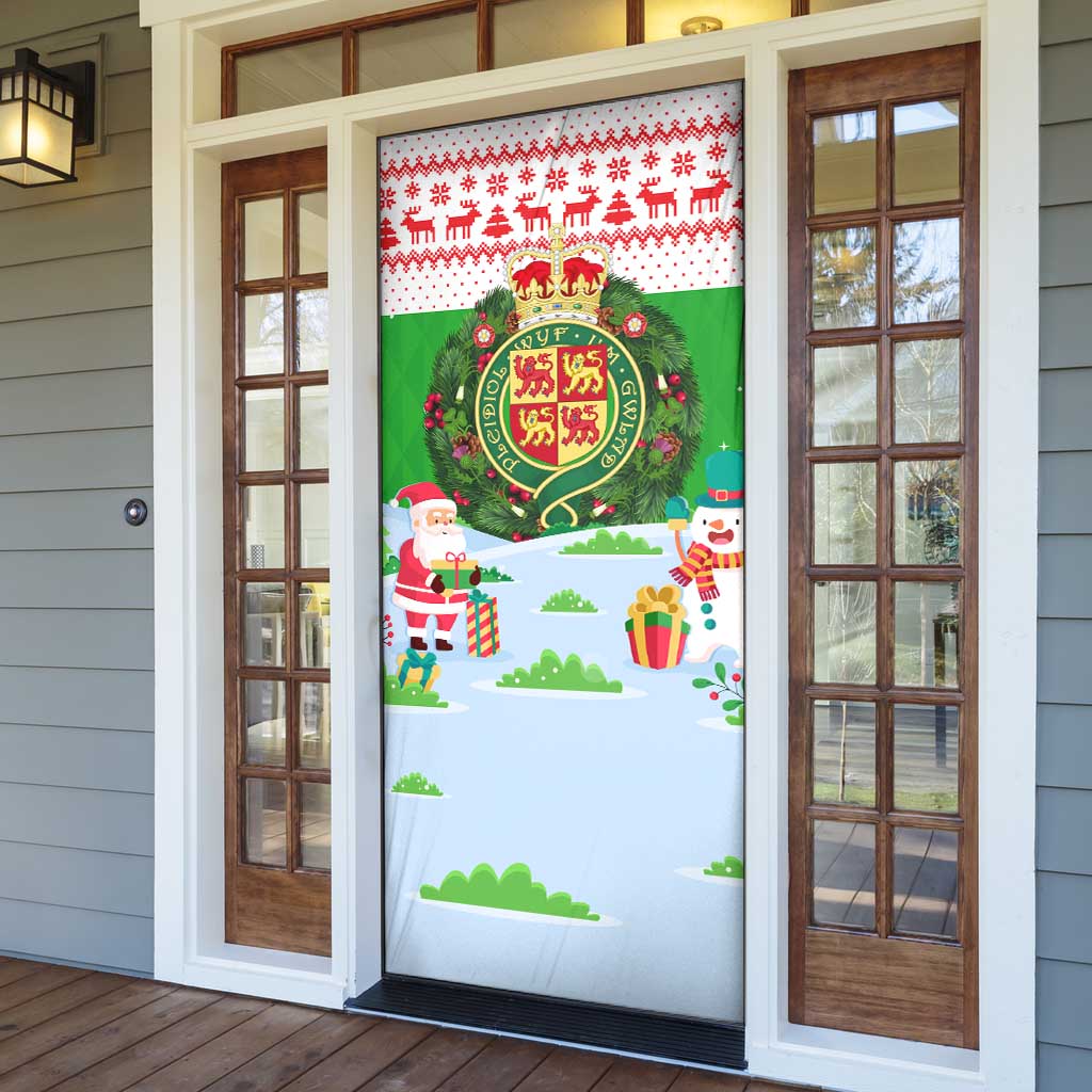 Wales Christmas Door Cover with Red Dragon Gift and Holiday Crest Snow Scene - Wonder Print Shop