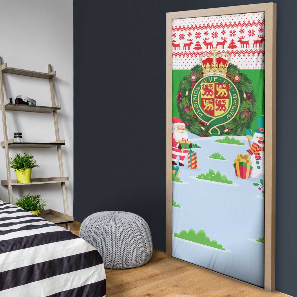 Wales Christmas Door Cover with Red Dragon Gift and Holiday Crest Snow Scene - Wonder Print Shop