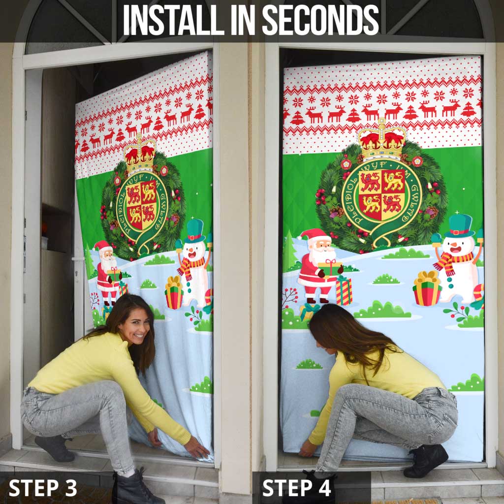 Wales Christmas Door Cover with Red Dragon Gift and Holiday Crest Snow Scene - Wonder Print Shop