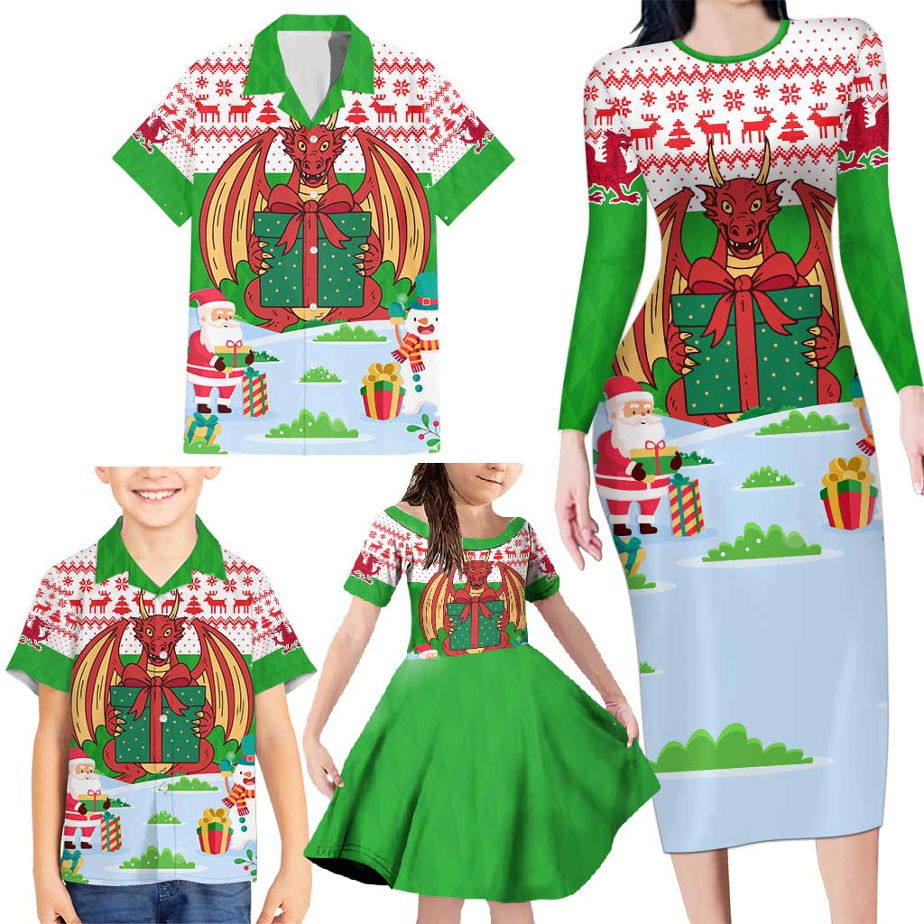 Wales Christmas Family Matching Long Sleeve Bodycon Dress and Hawaiian Shirt with Red Dragon Gift and Holiday Crest Snow Scene - Wonder Print Shop
