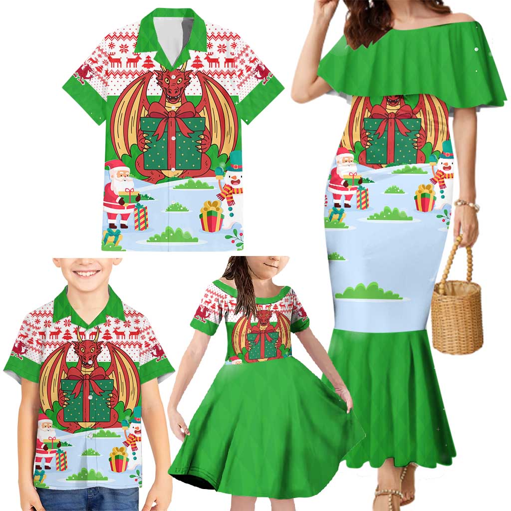 Wales Christmas Family Matching Mermaid Dress and Hawaiian Shirt with Red Dragon Gift and Holiday Crest Snow Scene - Wonder Print Shop