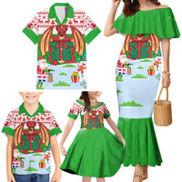 Wales Christmas Family Matching Mermaid Dress and Hawaiian Shirt with Red Dragon Gift and Holiday Crest Snow Scene - Wonder Print Shop
