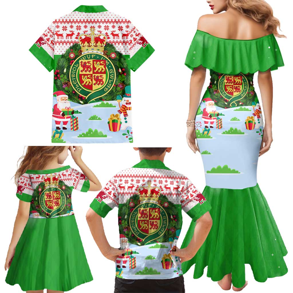 Wales Christmas Family Matching Mermaid Dress and Hawaiian Shirt with Red Dragon Gift and Holiday Crest Snow Scene - Wonder Print Shop