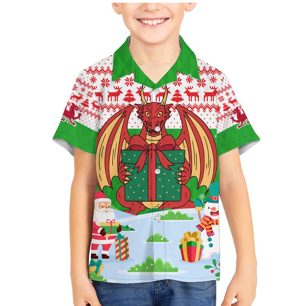 Wales Christmas Family Matching Mermaid Dress and Hawaiian Shirt with Red Dragon Gift and Holiday Crest Snow Scene - Wonder Print Shop