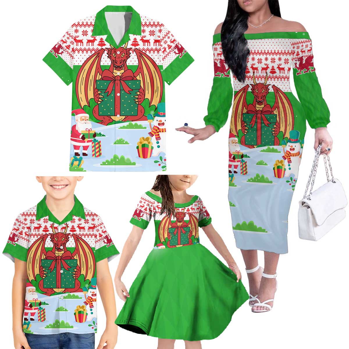 Wales Christmas Family Matching Off The Shoulder Long Sleeve Dress and Hawaiian Shirt with Red Dragon Gift and Holiday Crest Snow Scene - Wonder Print Shop