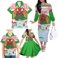 Wales Christmas Family Matching Off The Shoulder Long Sleeve Dress and Hawaiian Shirt with Red Dragon Gift and Holiday Crest Snow Scene - Wonder Print Shop