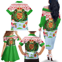 Wales Christmas Family Matching Off The Shoulder Long Sleeve Dress and Hawaiian Shirt with Red Dragon Gift and Holiday Crest Snow Scene - Wonder Print Shop