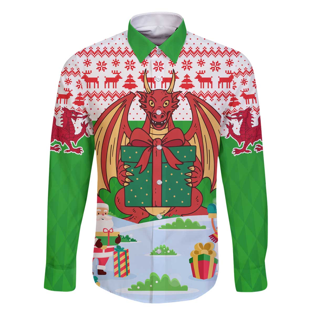 Wales Christmas Family Matching Off The Shoulder Long Sleeve Dress and Hawaiian Shirt with Red Dragon Gift and Holiday Crest Snow Scene - Wonder Print Shop