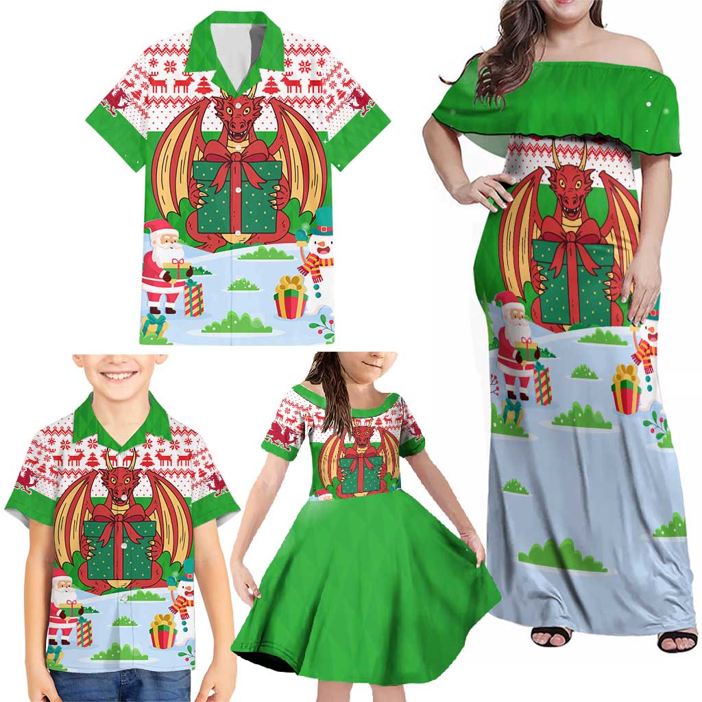 Wales Christmas Family Matching Off Shoulder Maxi Dress and Hawaiian Shirt with Red Dragon Gift and Holiday Crest Snow Scene - Wonder Print Shop