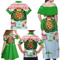 Wales Christmas Family Matching Off Shoulder Maxi Dress and Hawaiian Shirt with Red Dragon Gift and Holiday Crest Snow Scene - Wonder Print Shop