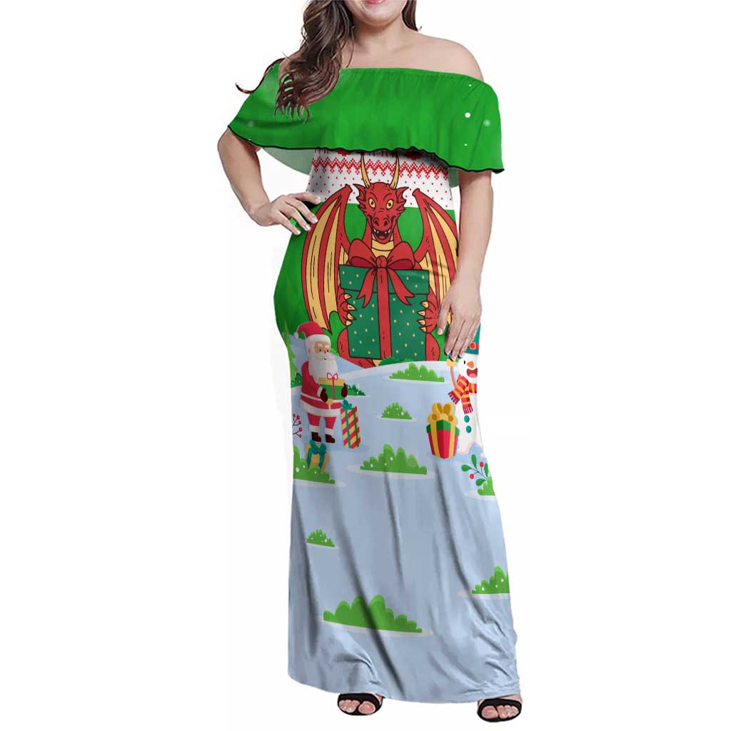 Wales Christmas Family Matching Off Shoulder Maxi Dress and Hawaiian Shirt with Red Dragon Gift and Holiday Crest Snow Scene - Wonder Print Shop