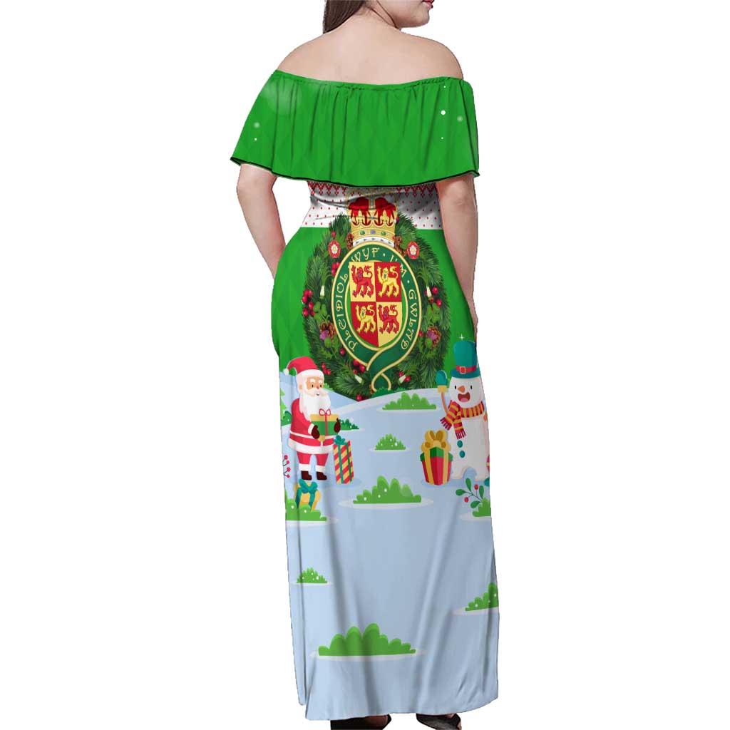 Wales Christmas Family Matching Off Shoulder Maxi Dress and Hawaiian Shirt with Red Dragon Gift and Holiday Crest Snow Scene - Wonder Print Shop