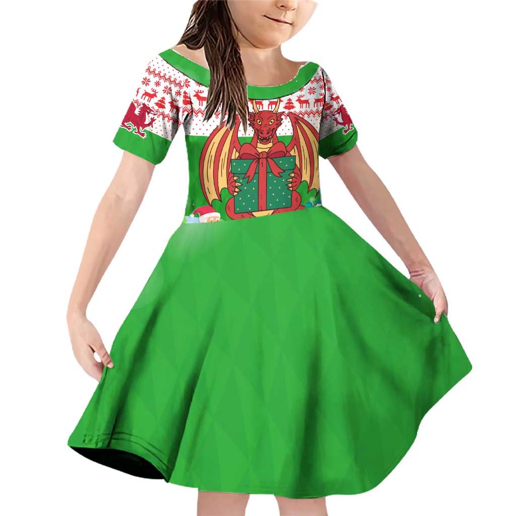 Wales Christmas Family Matching Off Shoulder Short Dress and Hawaiian Shirt with Red Dragon Gift and Holiday Crest Snow Scene - Wonder Print Shop