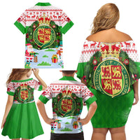 Wales Christmas Family Matching Off Shoulder Short Dress and Hawaiian Shirt with Red Dragon Gift and Holiday Crest Snow Scene - Wonder Print Shop