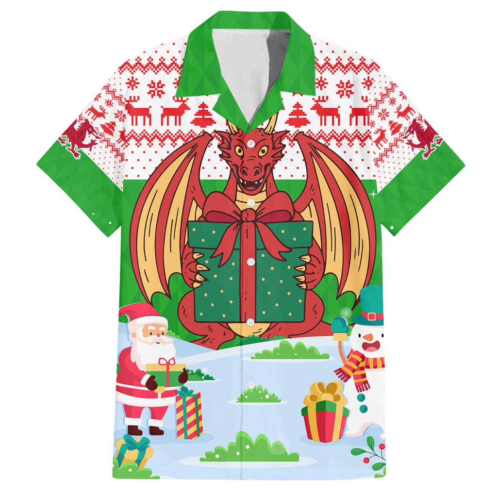 Wales Christmas Family Matching Off Shoulder Short Dress and Hawaiian Shirt with Red Dragon Gift and Holiday Crest Snow Scene - Wonder Print Shop
