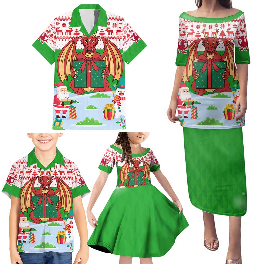 Wales Christmas Family Matching Puletasi and Hawaiian Shirt with Red Dragon Gift and Holiday Crest Snow Scene - Wonder Print Shop
