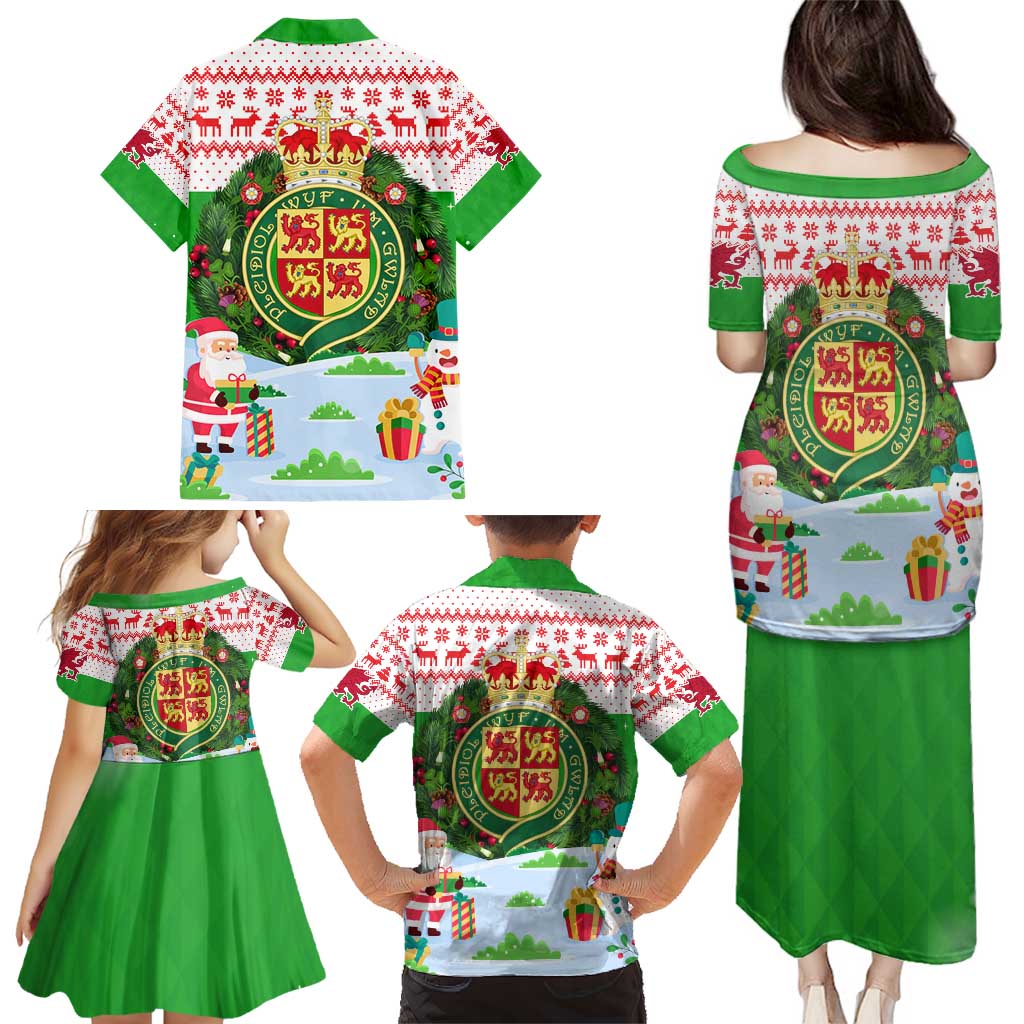 Wales Christmas Family Matching Puletasi and Hawaiian Shirt with Red Dragon Gift and Holiday Crest Snow Scene - Wonder Print Shop