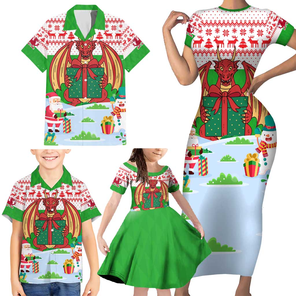 Wales Christmas Family Matching Short Sleeve Bodycon Dress and Hawaiian Shirt with Red Dragon Gift and Holiday Crest Snow Scene - Wonder Print Shop
