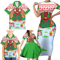 Wales Christmas Family Matching Short Sleeve Bodycon Dress and Hawaiian Shirt with Red Dragon Gift and Holiday Crest Snow Scene - Wonder Print Shop