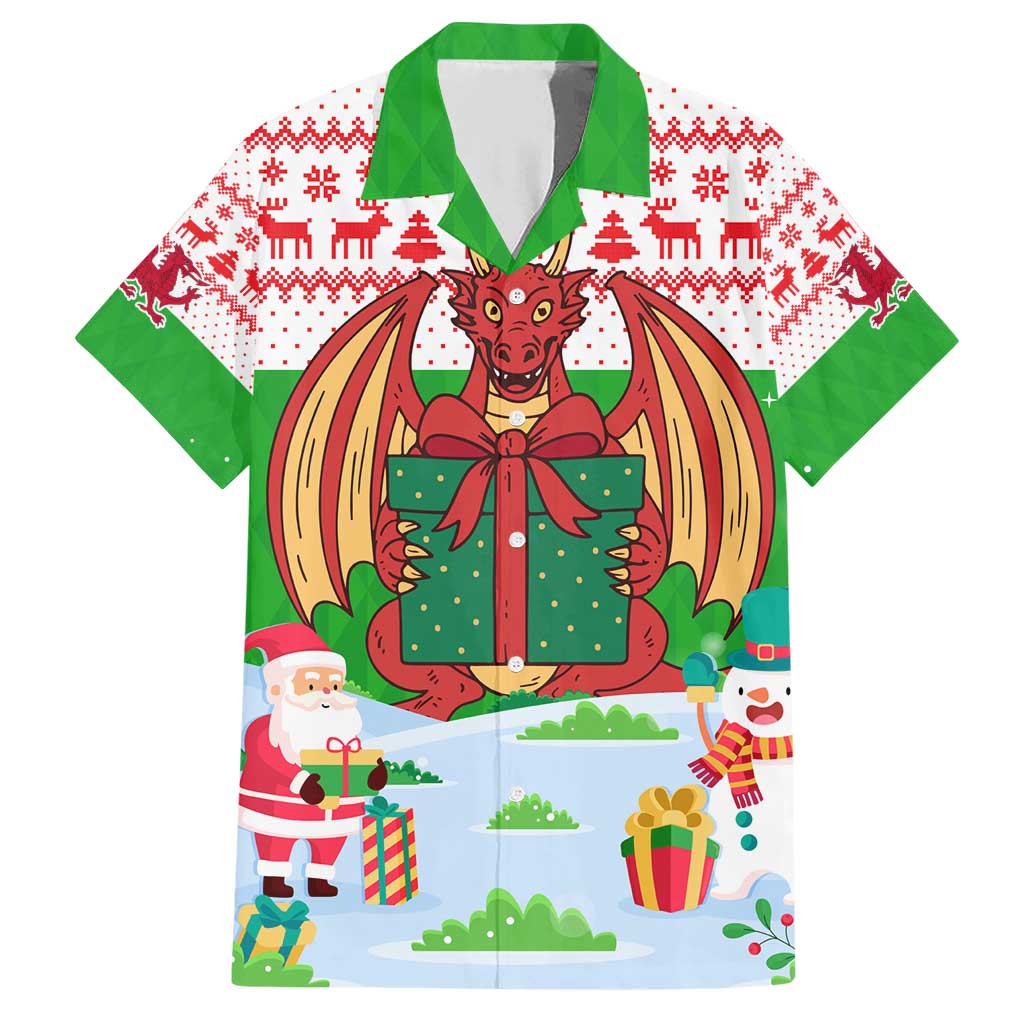 Wales Christmas Family Matching Short Sleeve Bodycon Dress and Hawaiian Shirt with Red Dragon Gift and Holiday Crest Snow Scene - Wonder Print Shop