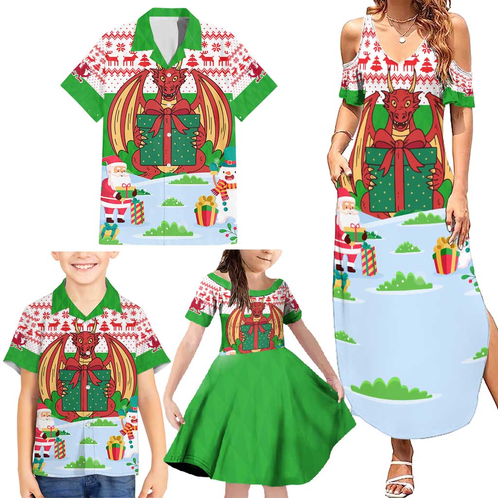 Wales Christmas Family Matching Summer Maxi Dress and Hawaiian Shirt with Red Dragon Gift and Holiday Crest Snow Scene - Wonder Print Shop
