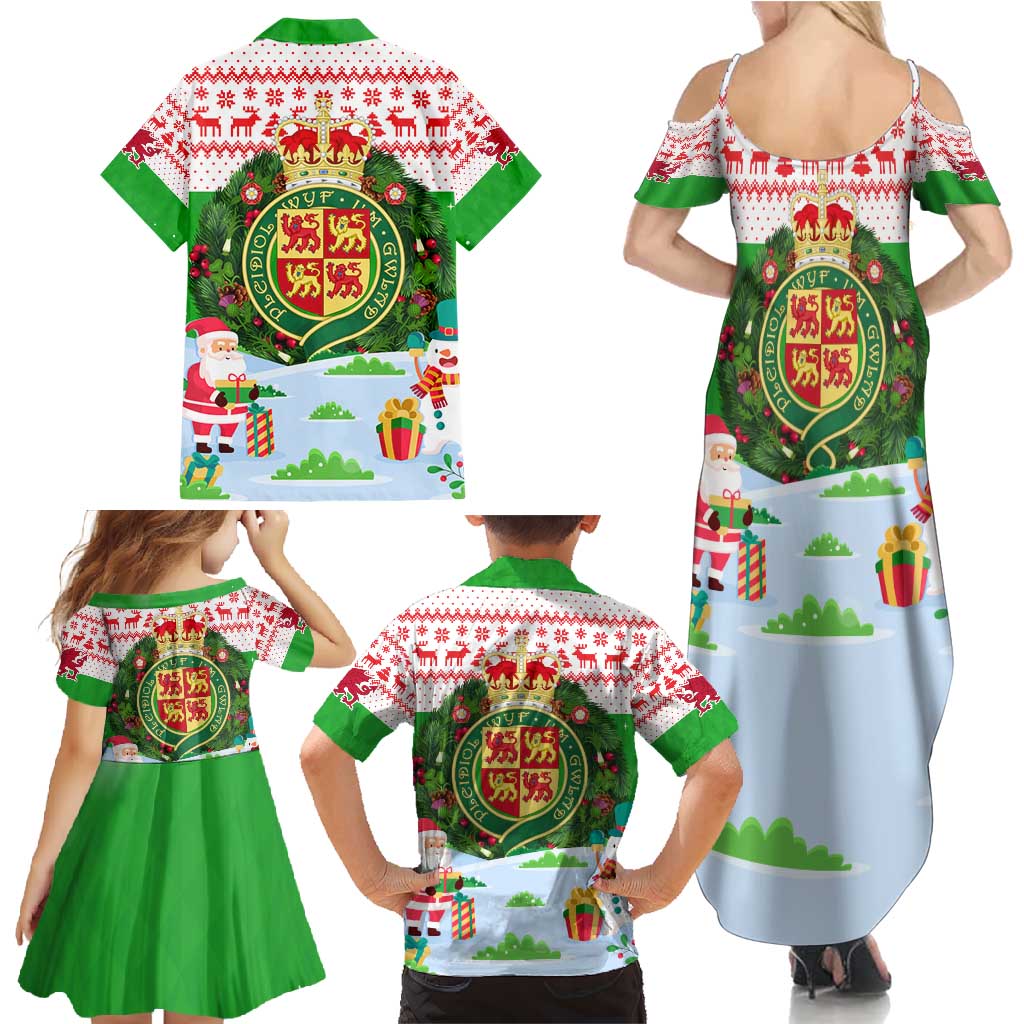 Wales Christmas Family Matching Summer Maxi Dress and Hawaiian Shirt with Red Dragon Gift and Holiday Crest Snow Scene - Wonder Print Shop