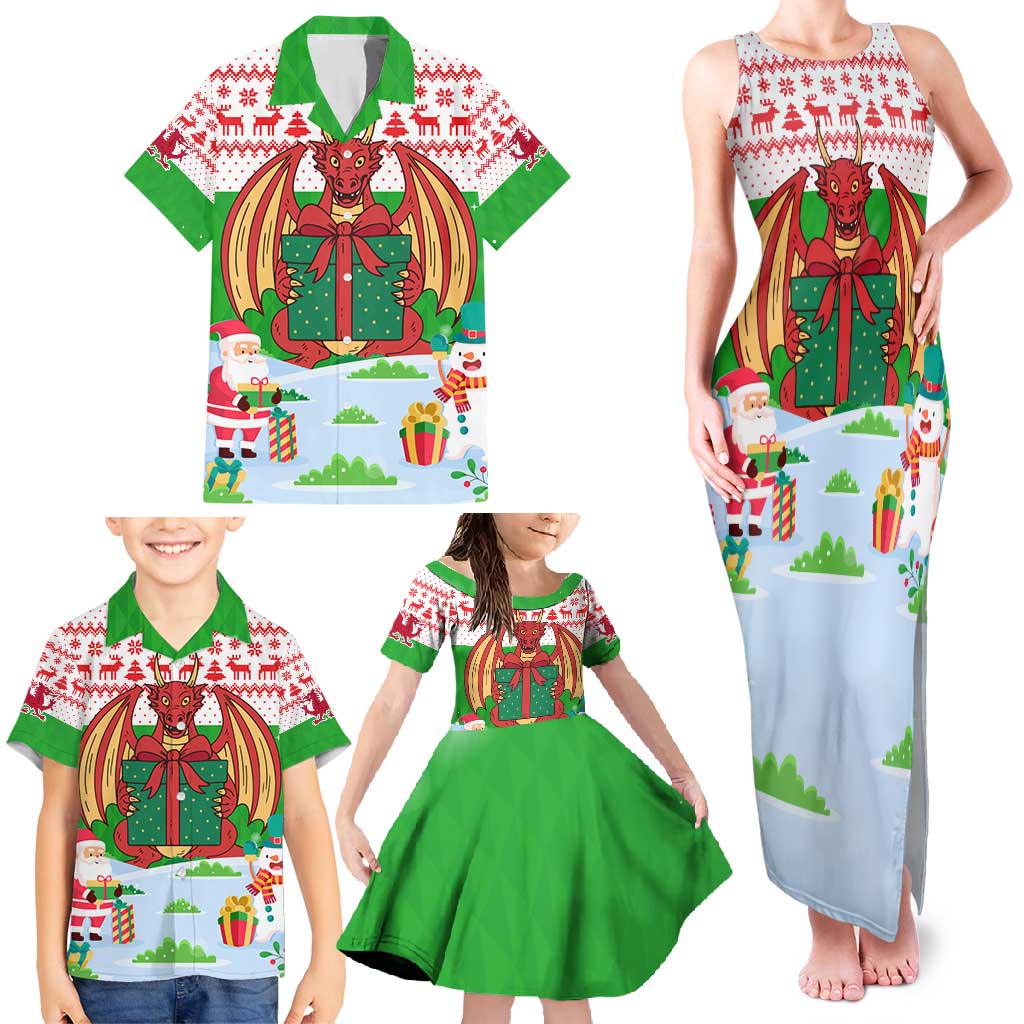 Wales Christmas Family Matching Tank Maxi Dress and Hawaiian Shirt with Red Dragon Gift and Holiday Crest Snow Scene - Wonder Print Shop