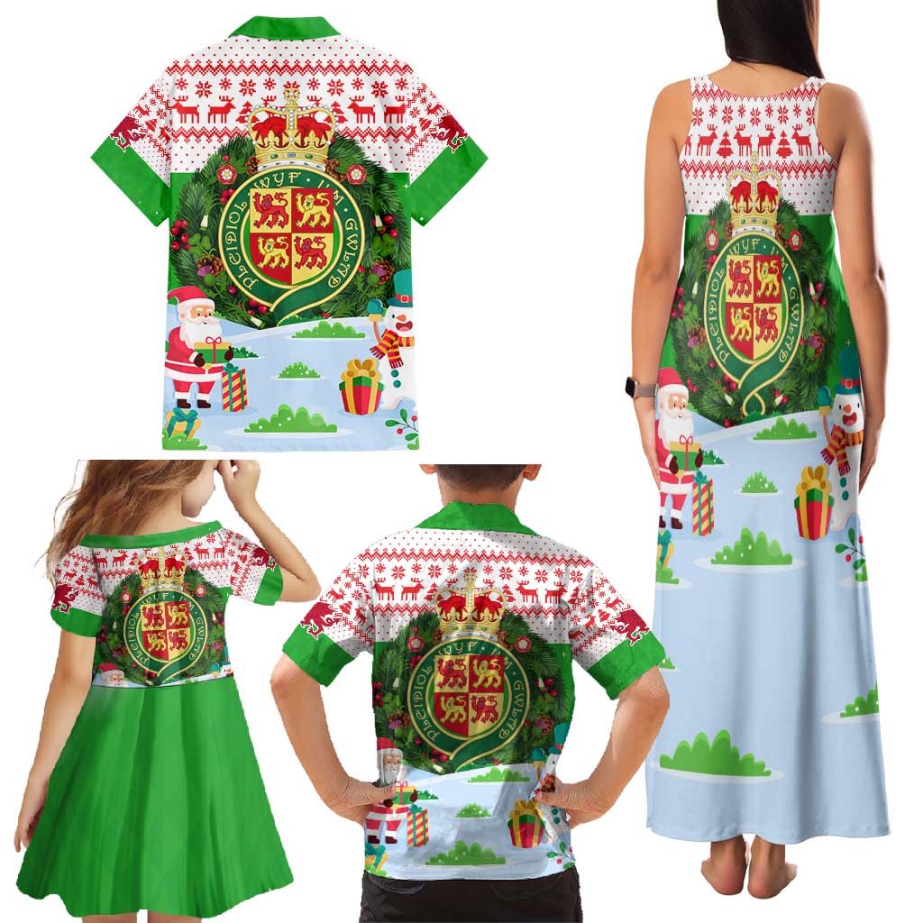 Wales Christmas Family Matching Tank Maxi Dress and Hawaiian Shirt with Red Dragon Gift and Holiday Crest Snow Scene - Wonder Print Shop