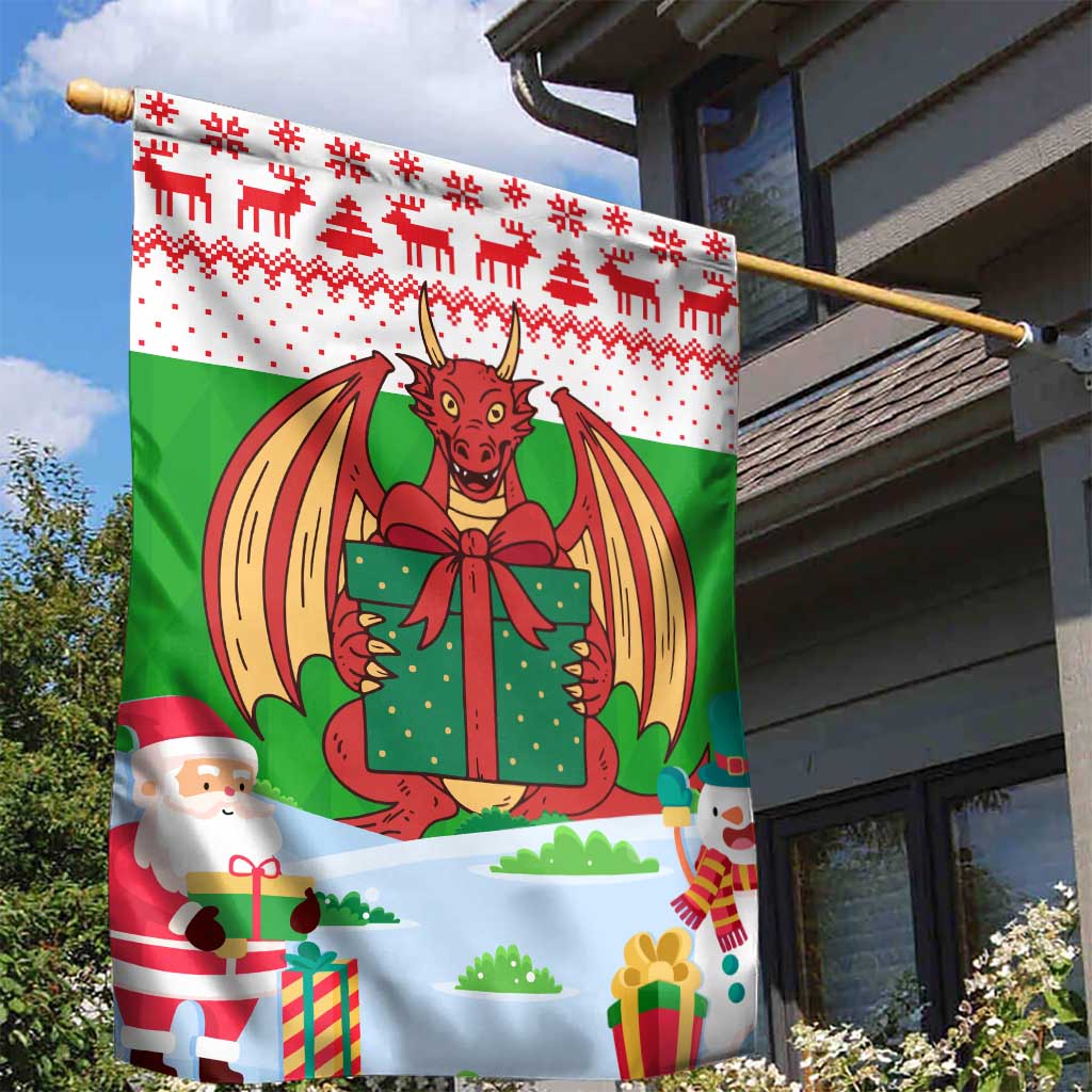 Wales Christmas Garden Flag with Red Dragon Gift and Holiday Crest Snow Scene - Wonder Print Shop