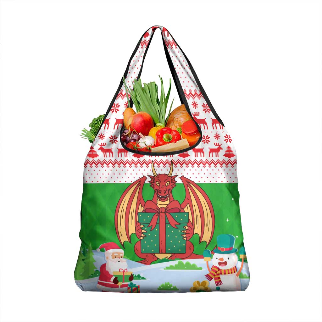 Wales Christmas Grocery Bag with Red Dragon Gift and Holiday Crest Snow Scene - Wonder Print Shop