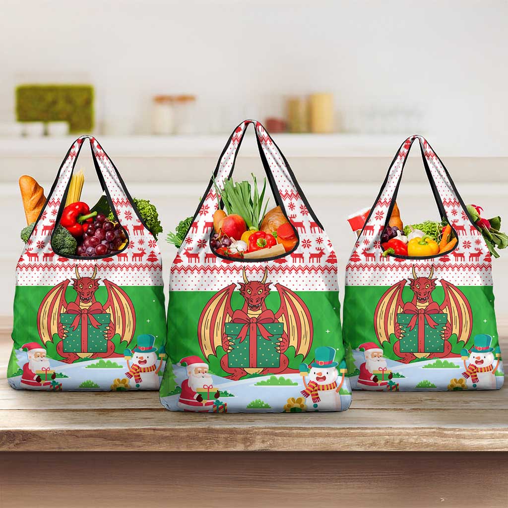 Wales Christmas Grocery Bag with Red Dragon Gift and Holiday Crest Snow Scene - Wonder Print Shop