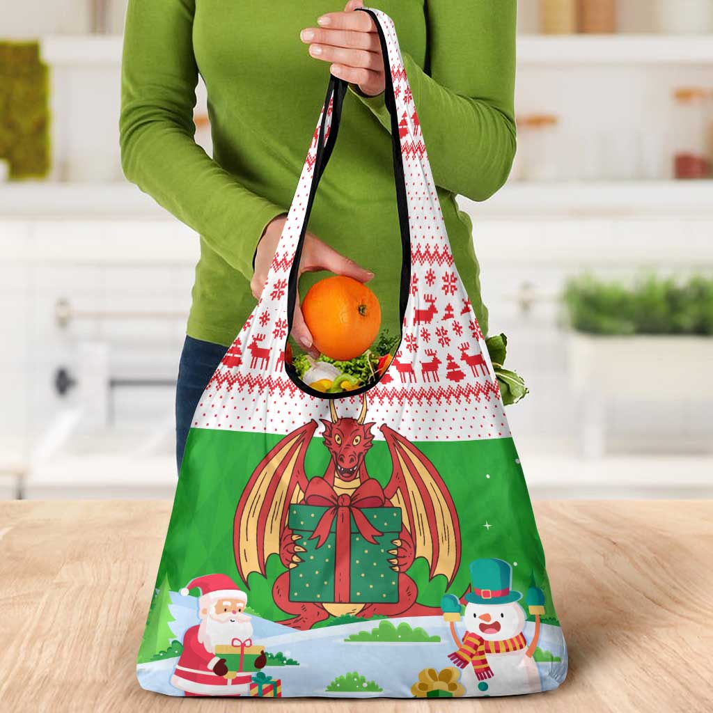 Wales Christmas Grocery Bag with Red Dragon Gift and Holiday Crest Snow Scene - Wonder Print Shop