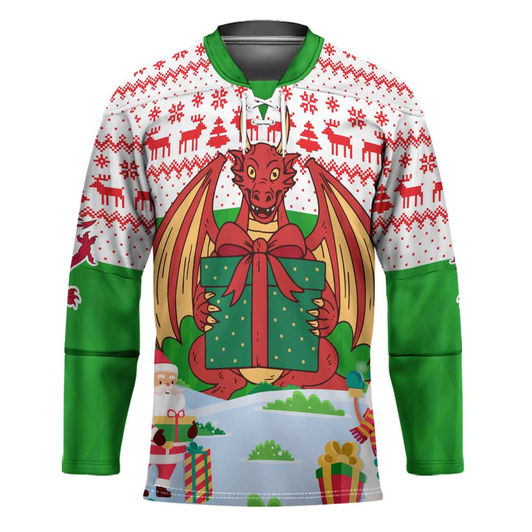 Wales Christmas Hockey Jersey with Red Dragon Gift and Holiday Crest Snow Scene - Wonder Print Shop