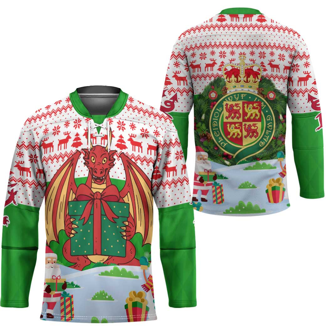 Wales Christmas Hockey Jersey with Red Dragon Gift and Holiday Crest Snow Scene - Wonder Print Shop