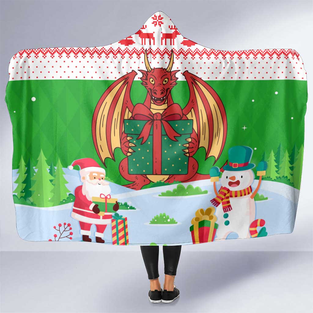 Wales Christmas Hooded Blanket with Red Dragon Gift and Holiday Crest Snow Scene - Wonder Print Shop